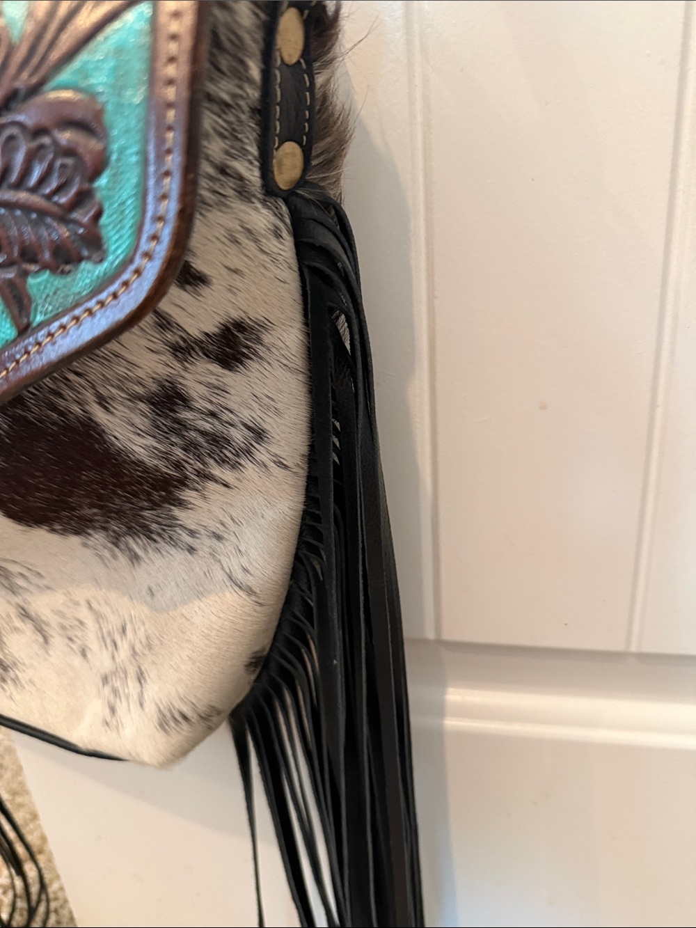 Myra Bag Turquoise and Brown Tooled Leather Cowhide Fringe Crossbody - Picture 4 of 9